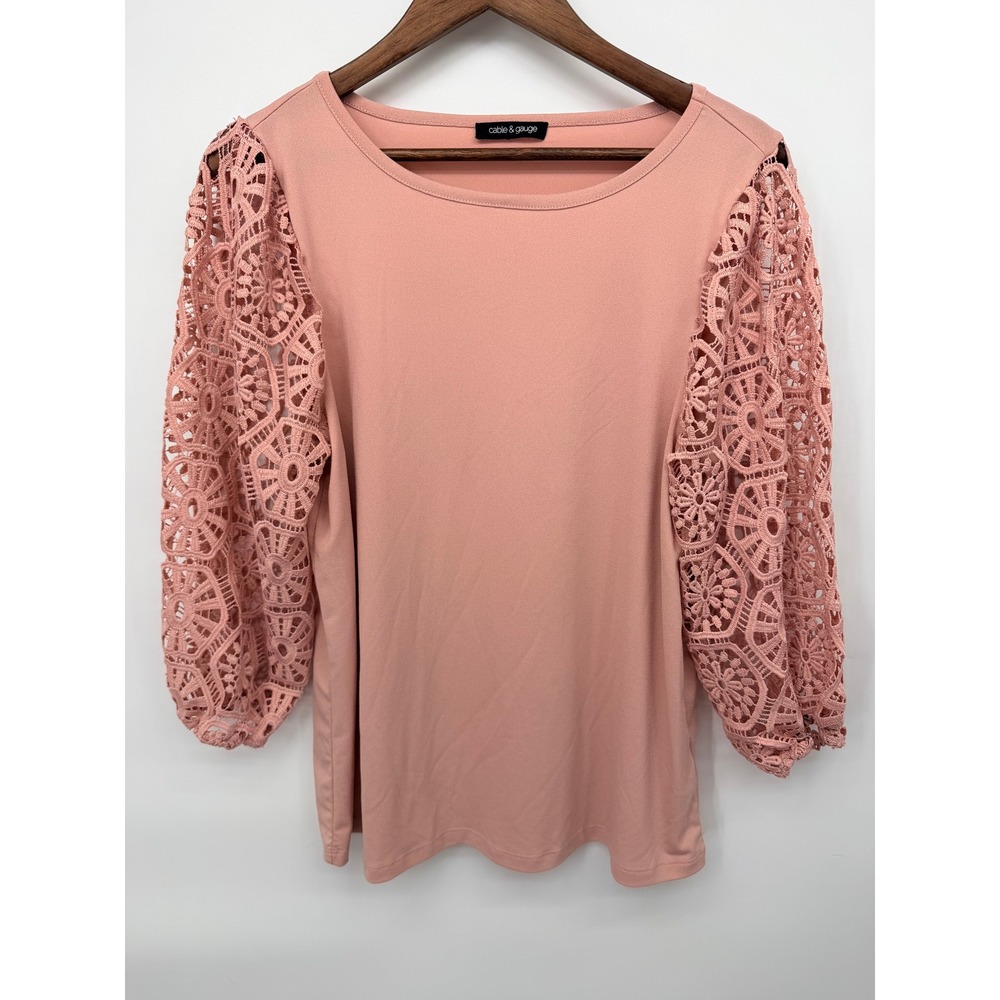 Cable & Gauge Blouse Women Medium Pink Excellent Crochet Lace Sleeve STP07446M - Picture 2 of 9